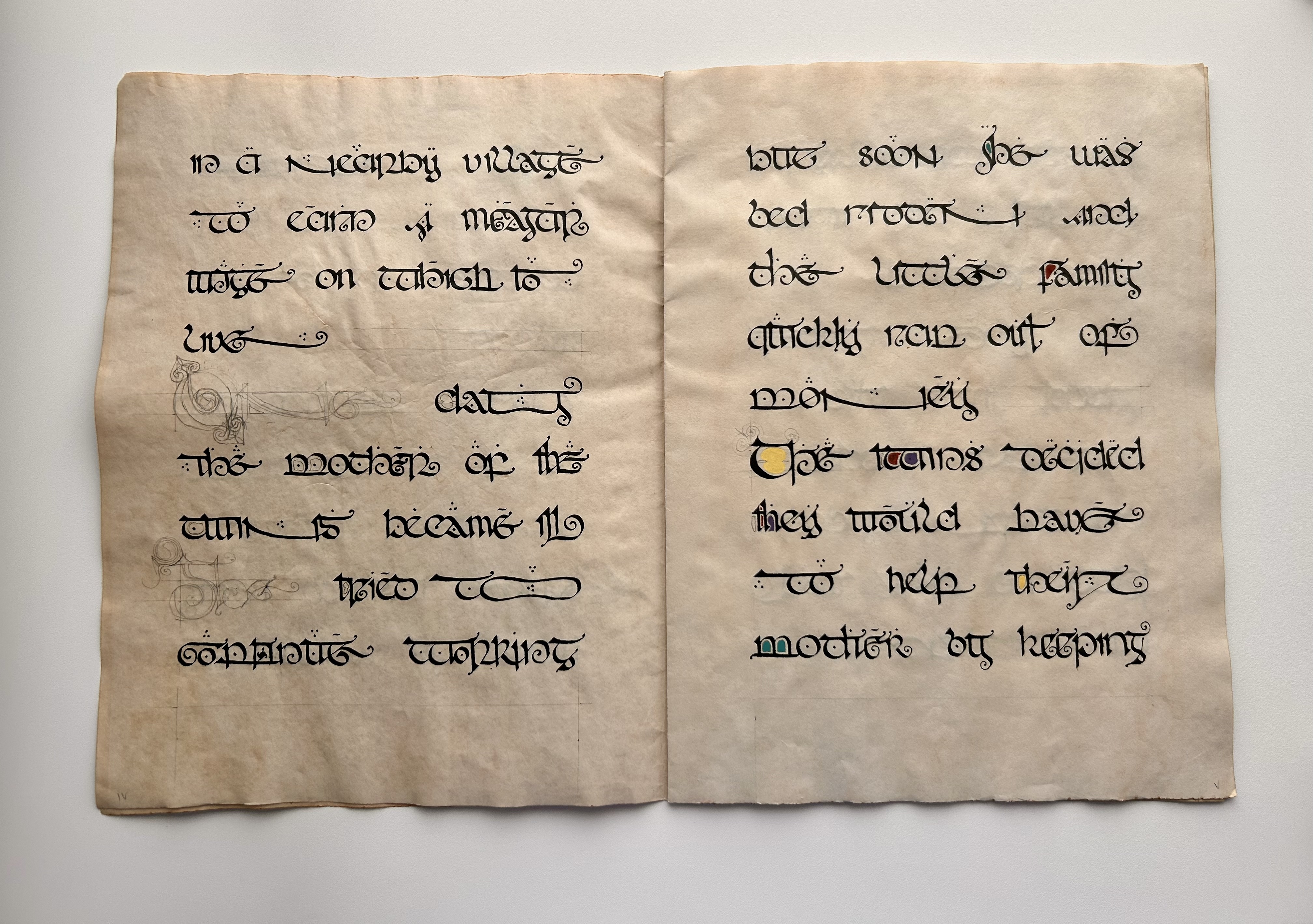 Two-page calligraphic manuscript spread with decorative flourishes