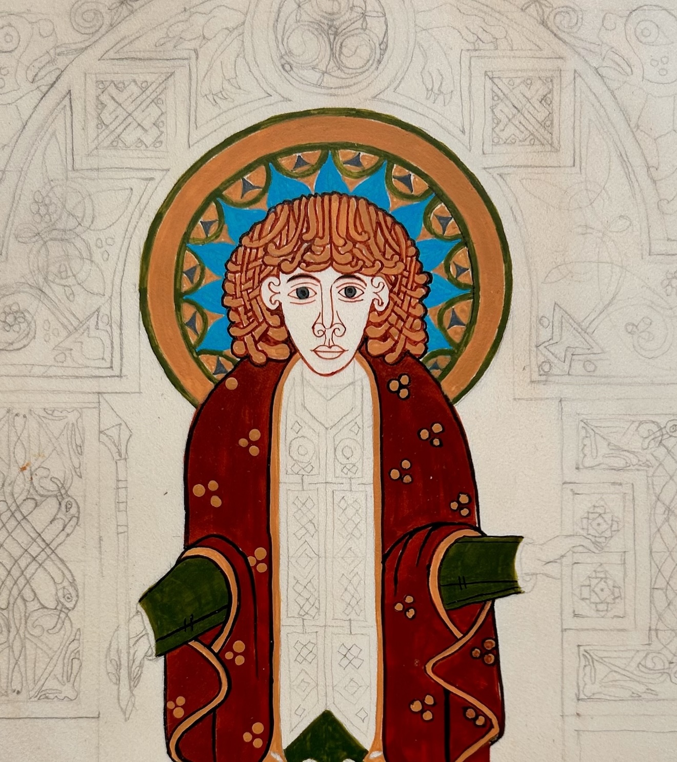 Detail of an illuminated figure with a patterned halo and decorative clothing