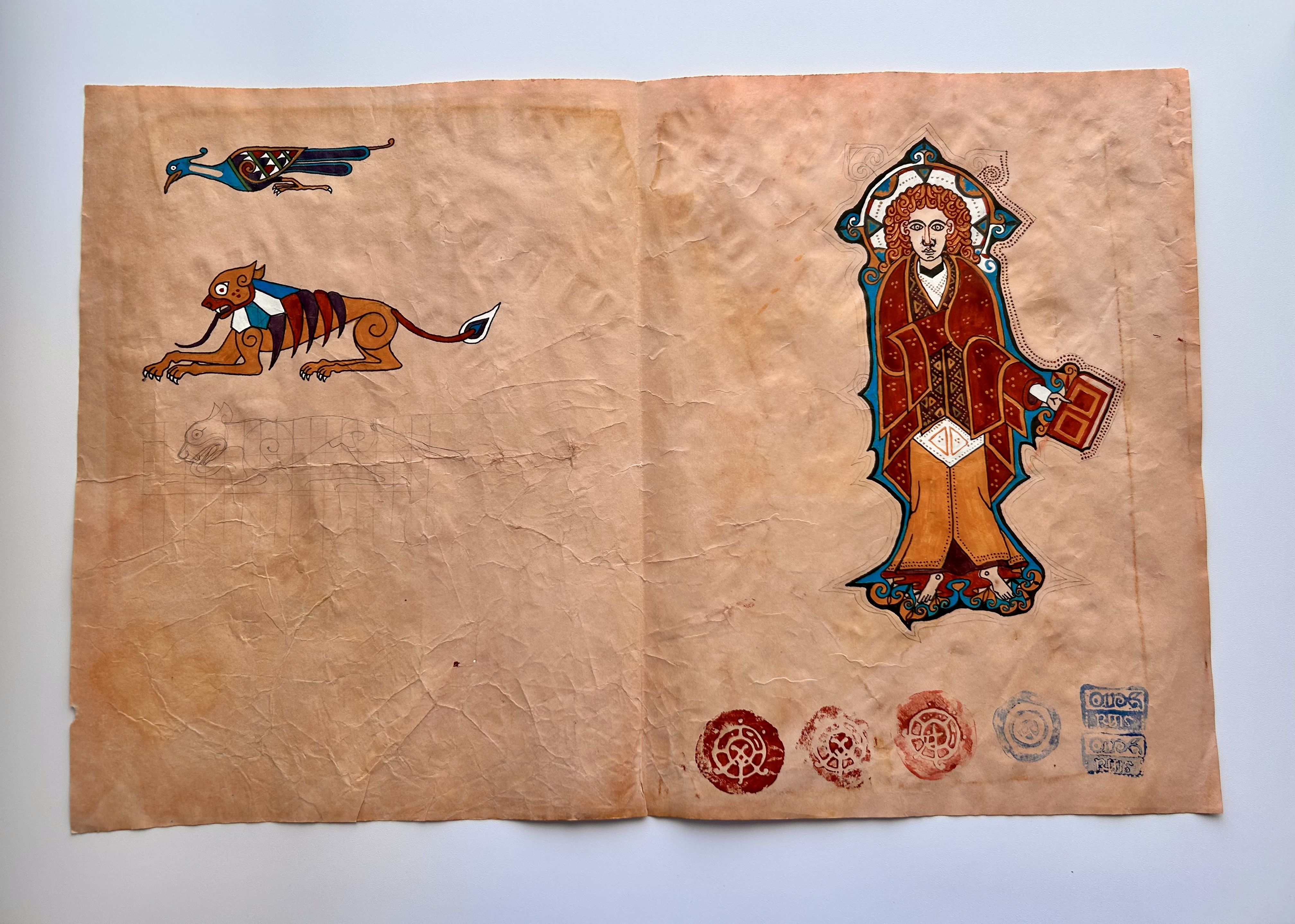 Aged manuscript spread with an illuminated figure, animal motifs, and ornamental designs