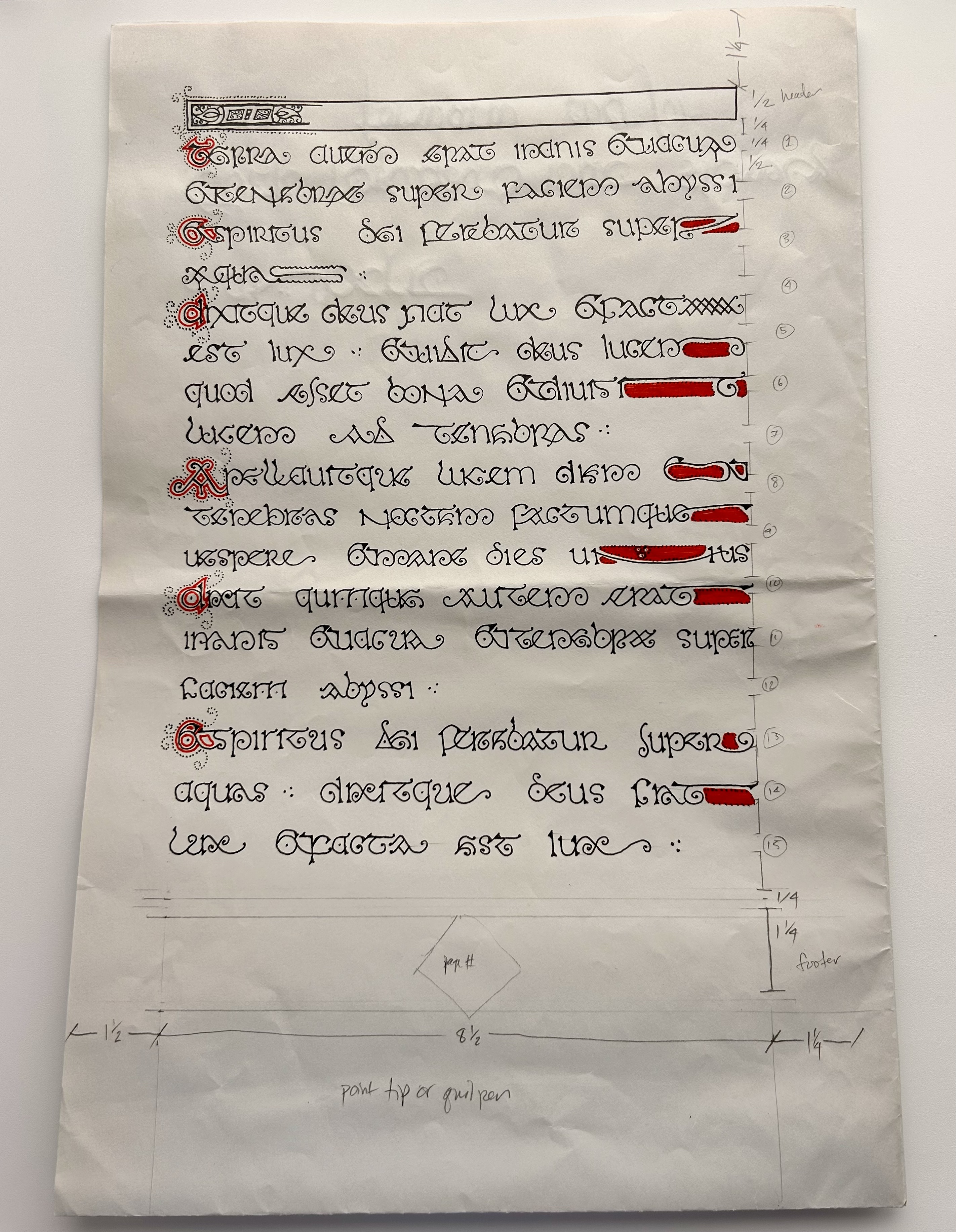 Compact Latin manuscript layout with black calligraphy, red details, and visible page measurements